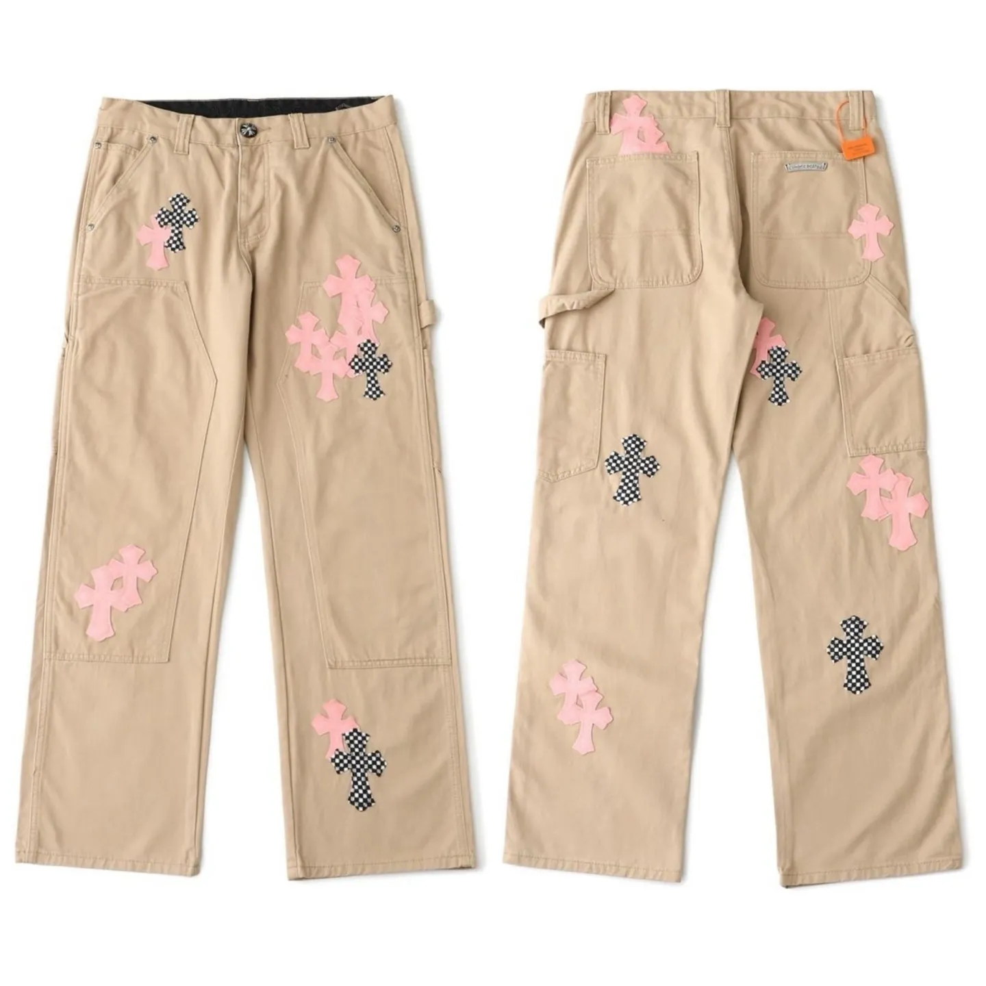 P270 💰 (Top version) Chrome Hearts cherry blossom pink leather logging spliced ​​washed jeans, truly restores the ultimate vintage texture, three-dimensional version, loose and comfortable, not picky about the figure, taller and slimmer, factory precision, original quality control, same style for men and women, can be matched with couples, versatile recommendation, must-have jeans for all seasons, fashionable people have been disappointed. From the quality selection of fabrics, the tailoring of details, and the matching of patterns, they are all impeccable! The upper body is so handsome when worn...it can be easily worn by men, women and children! The craftsmanship is made of heavy-duty washed pure cotton denim fabric. After washing, it is soft and thick and looks very stylish when worn. Color: Khaki Size: 28-30-32-34 (corresponds to S-M-L-XL)